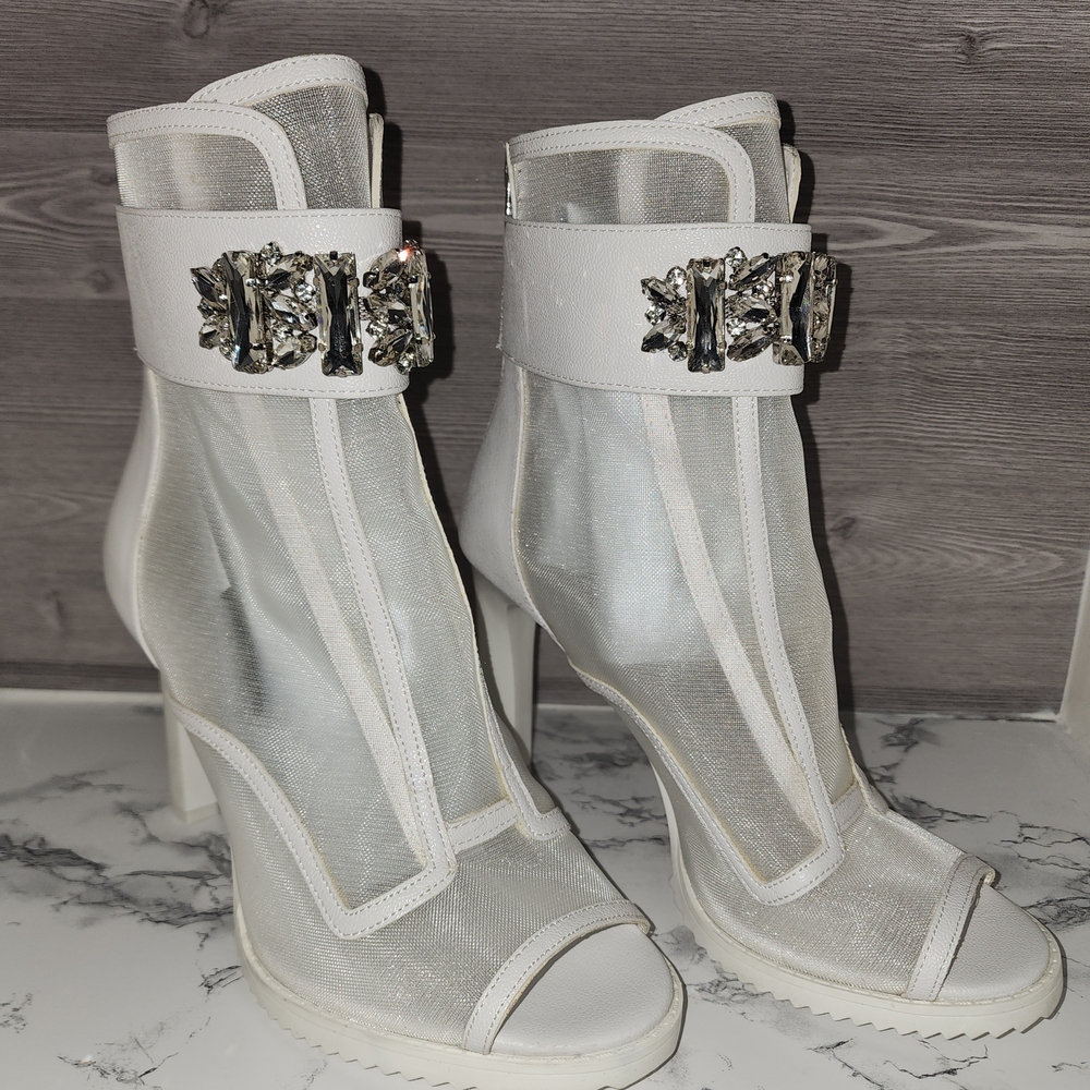 Karl Lagerfeld White Mesh Ankle Boots with Embellishments Size 8